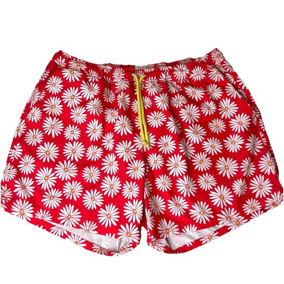 J Crew Flex Swimwear Trunks Mens XL Red Floral Drawstring Lined 6” Inseam - Picture 1 of 12